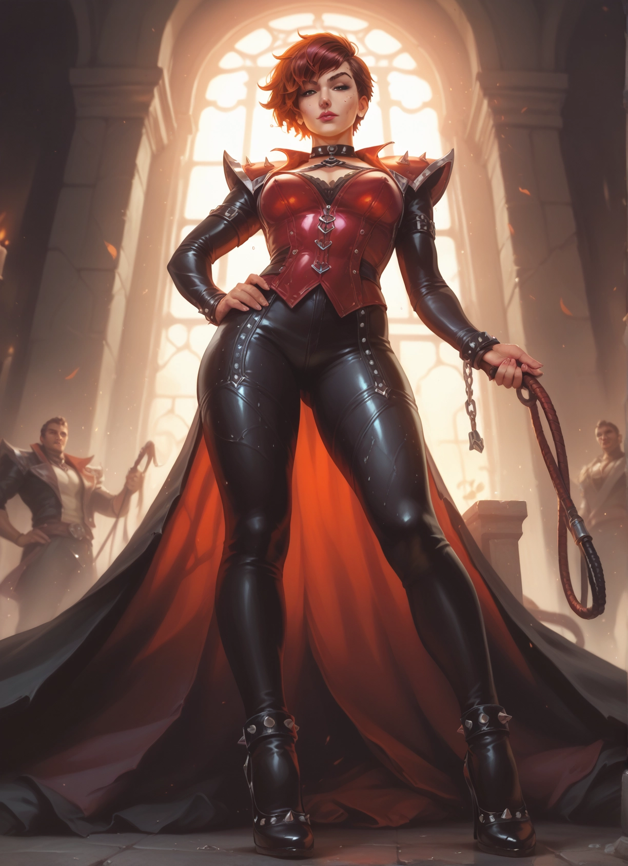 1girl, whip, breasts, hand on hip, short hair, spikes · Yamete.gg