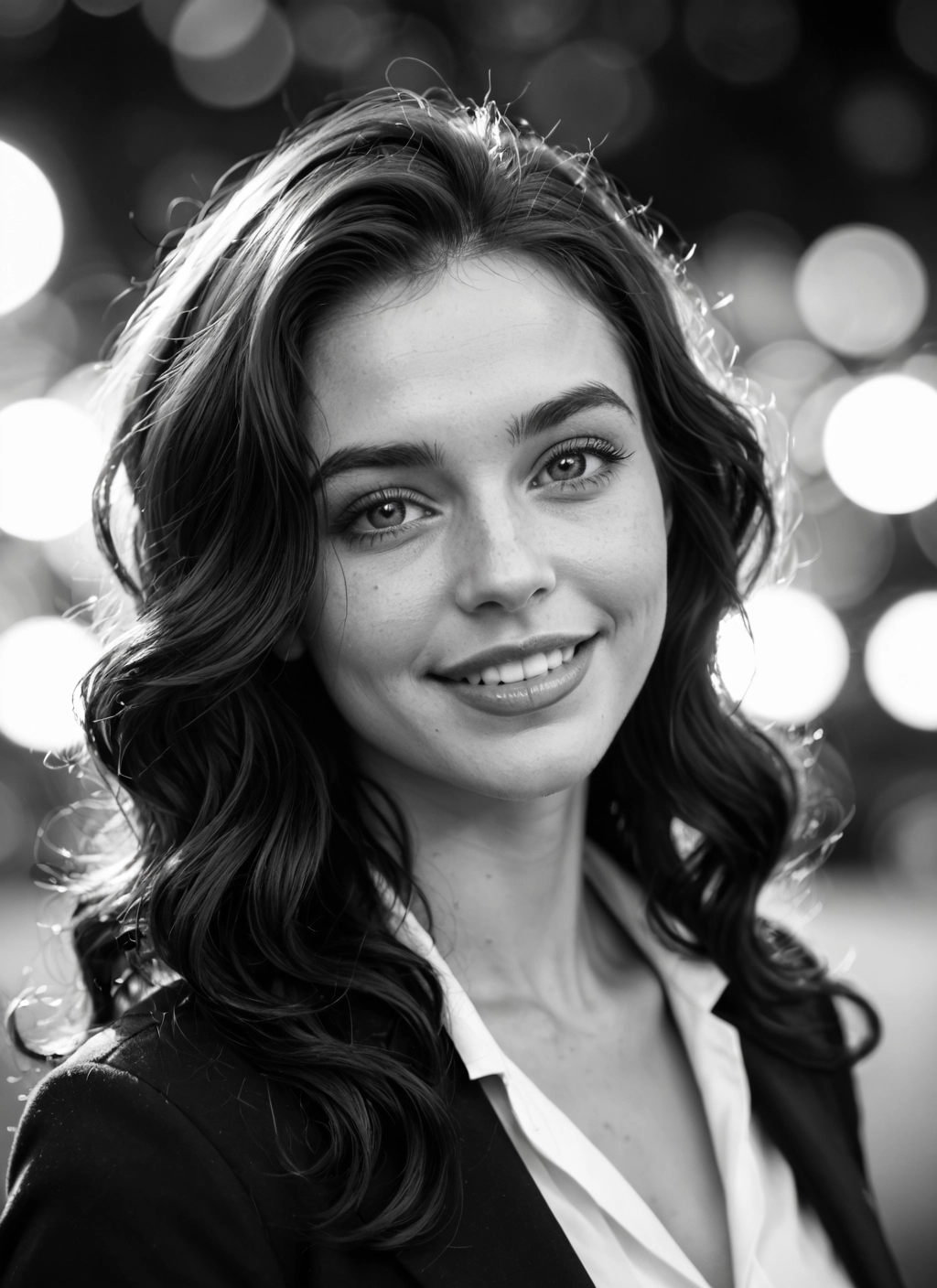 1girl, solo, monochrome, greyscale, smile, realistic · Yamete.gg