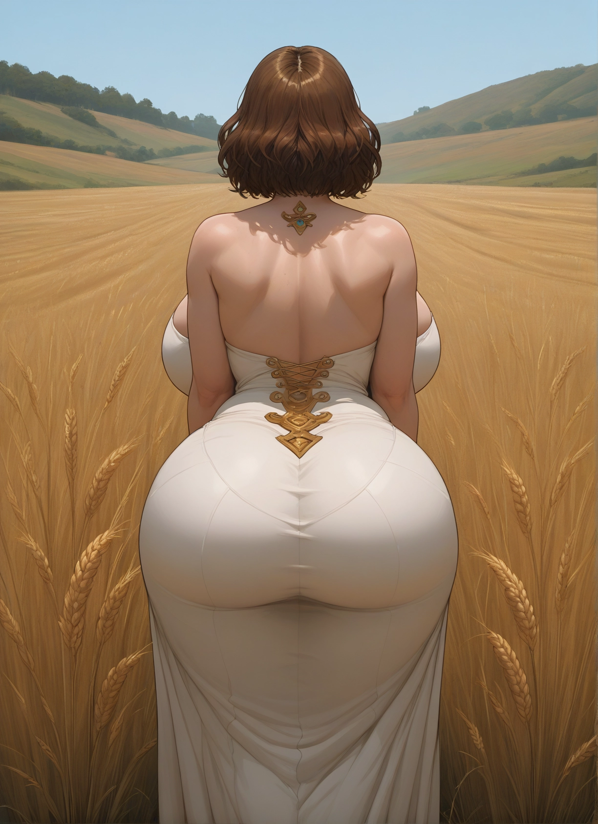 1girl, ass, breasts, brown hair, dress, solo · Yamete.gg