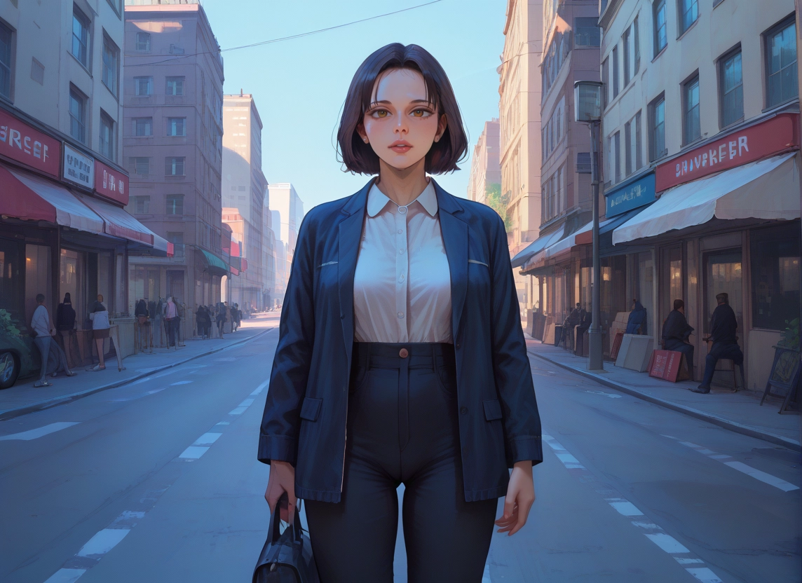 outdoors, pants, shirt, 1girl, jacket, street · Yamete.gg