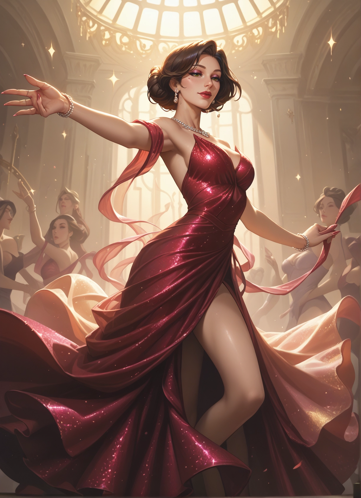 dress, jewelry, multiple girls, breasts, red dress, earrings · Yamete.gg