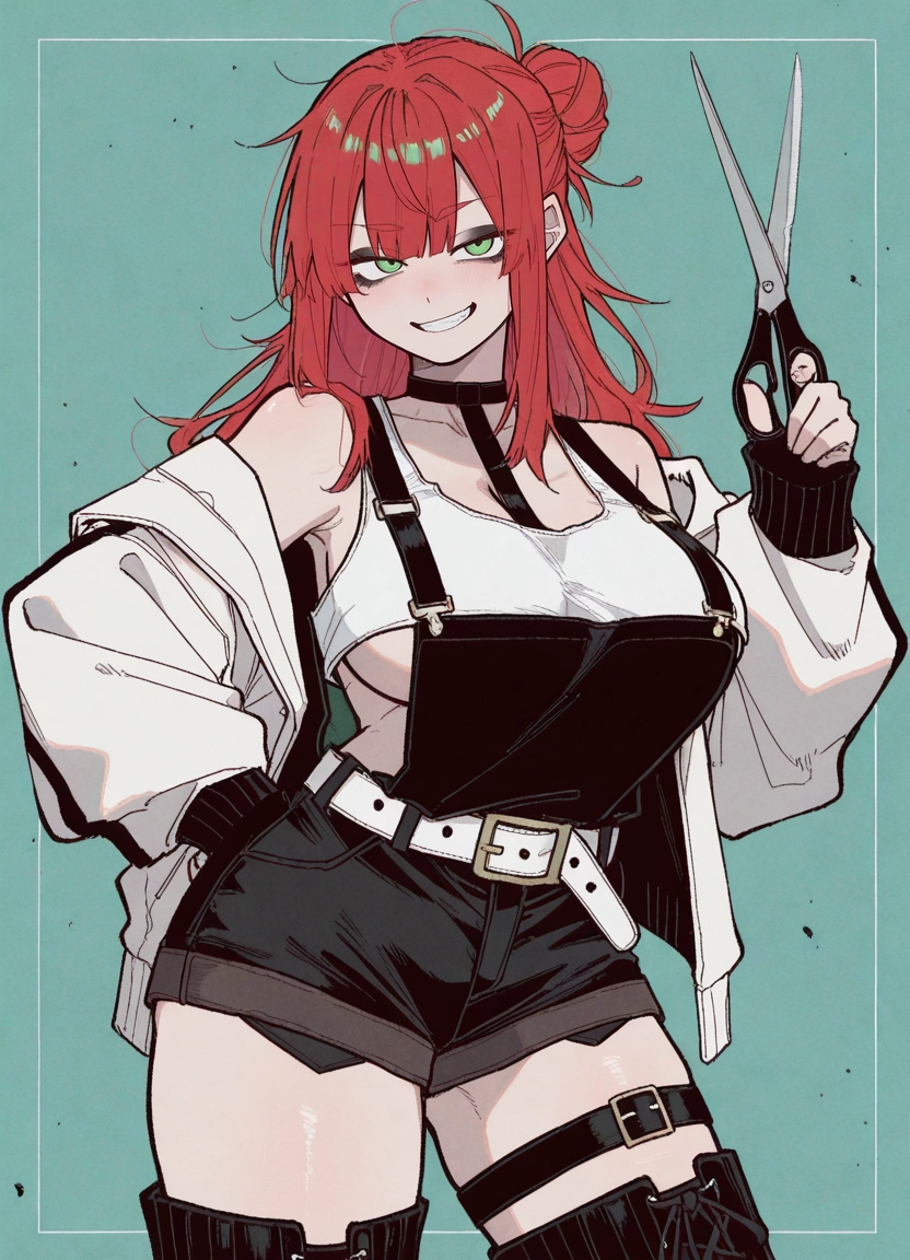 1girl, breasts, green eyes, scissors, smile, solo · Yamete.gg