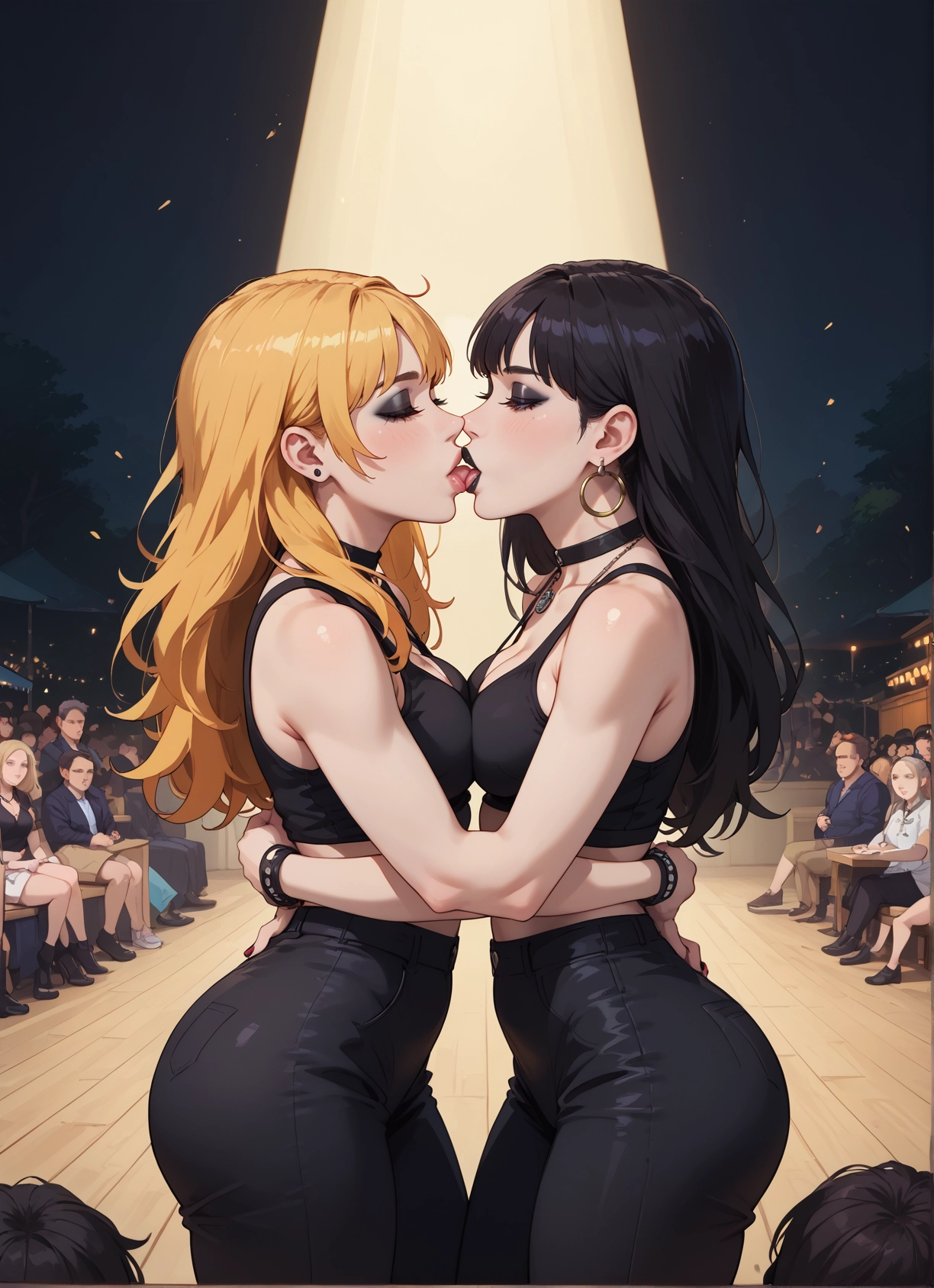 breasts, black hair, multiple girls, jewelry, earrings, kiss · Yamete.gg