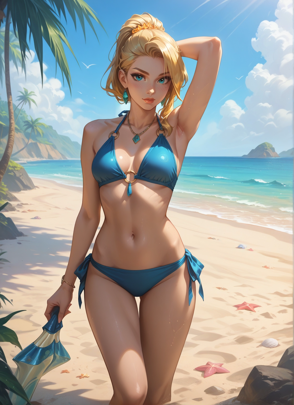 1girl, swimsuit, blonde hair, jewelry, bikini, outdoors · Yamete.gg