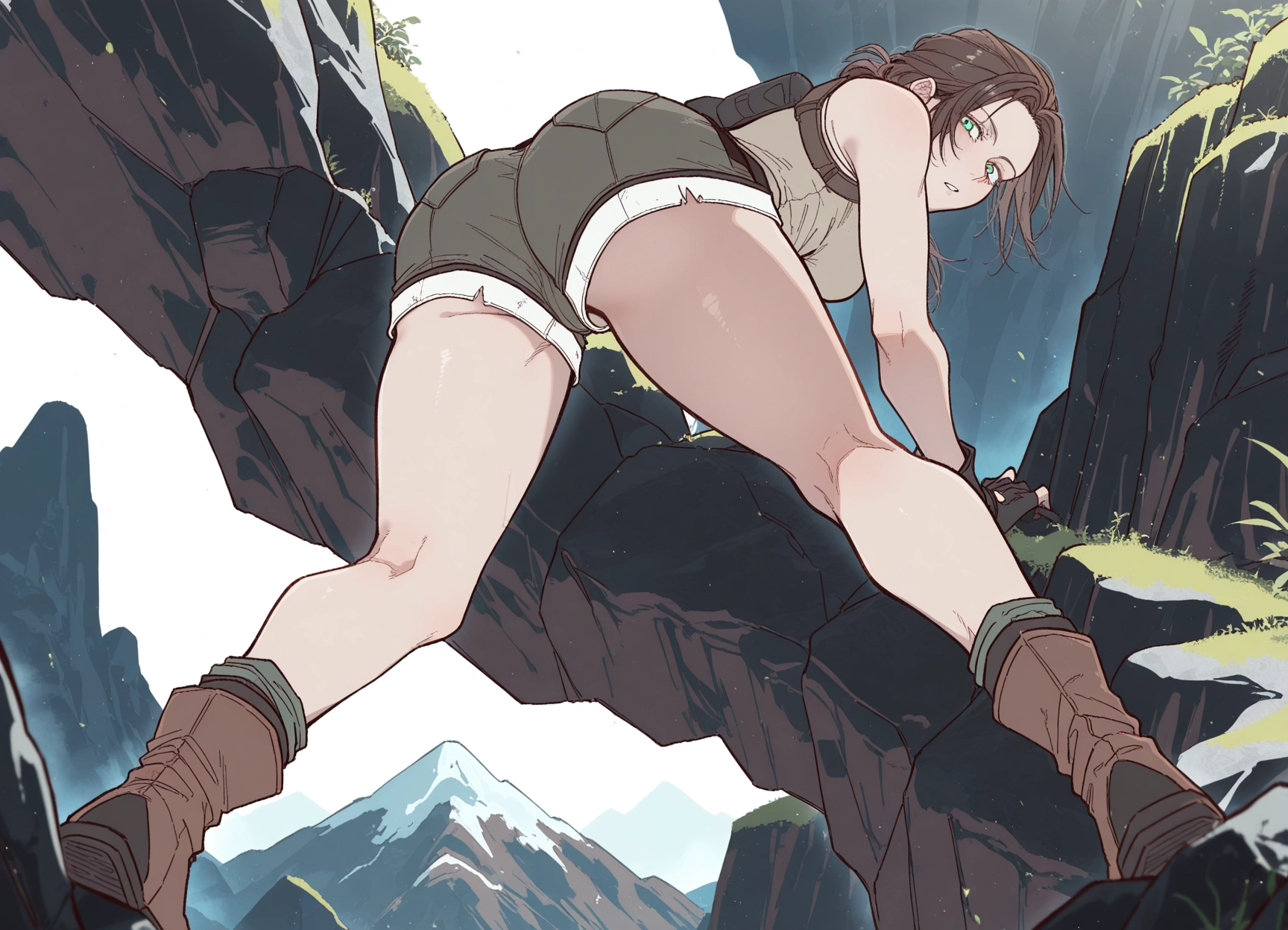 1girl, shorts, ass, brown hair, gloves, solo · Yamete.gg