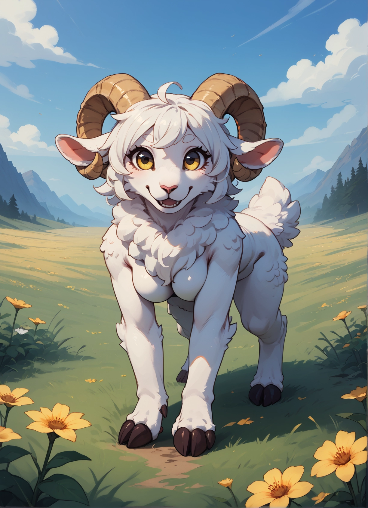 furry, 1girl, flower, solo, breasts, horns · Yamete.gg