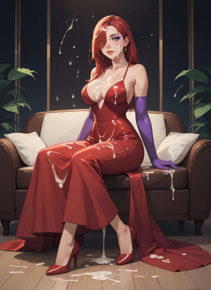 1girl, breasts, cum, dress, gloves, high heels · Yamete.gg