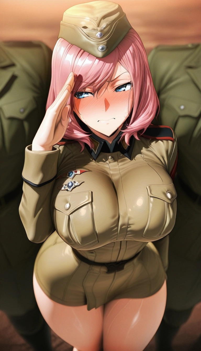 1girl, breasts, uniform, pink hair, blue eyes, hat · Yamete.gg