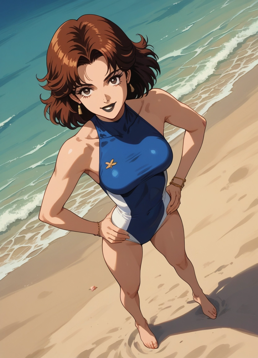 1girl, swimsuit, brown hair, one-piece swimsuit, beach, solo · Yamete.gg
