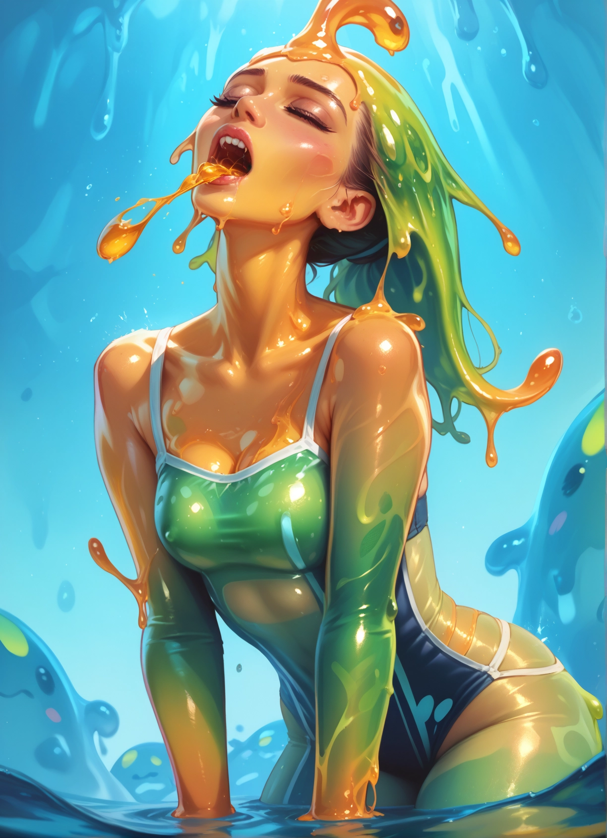 1girl, breasts, swimsuit, closed eyes, open mouth, tongue · Yamete.gg