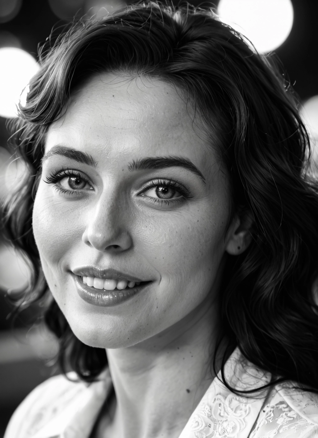 greyscale, monochrome, 1girl, solo, smile, realistic · Yamete.gg