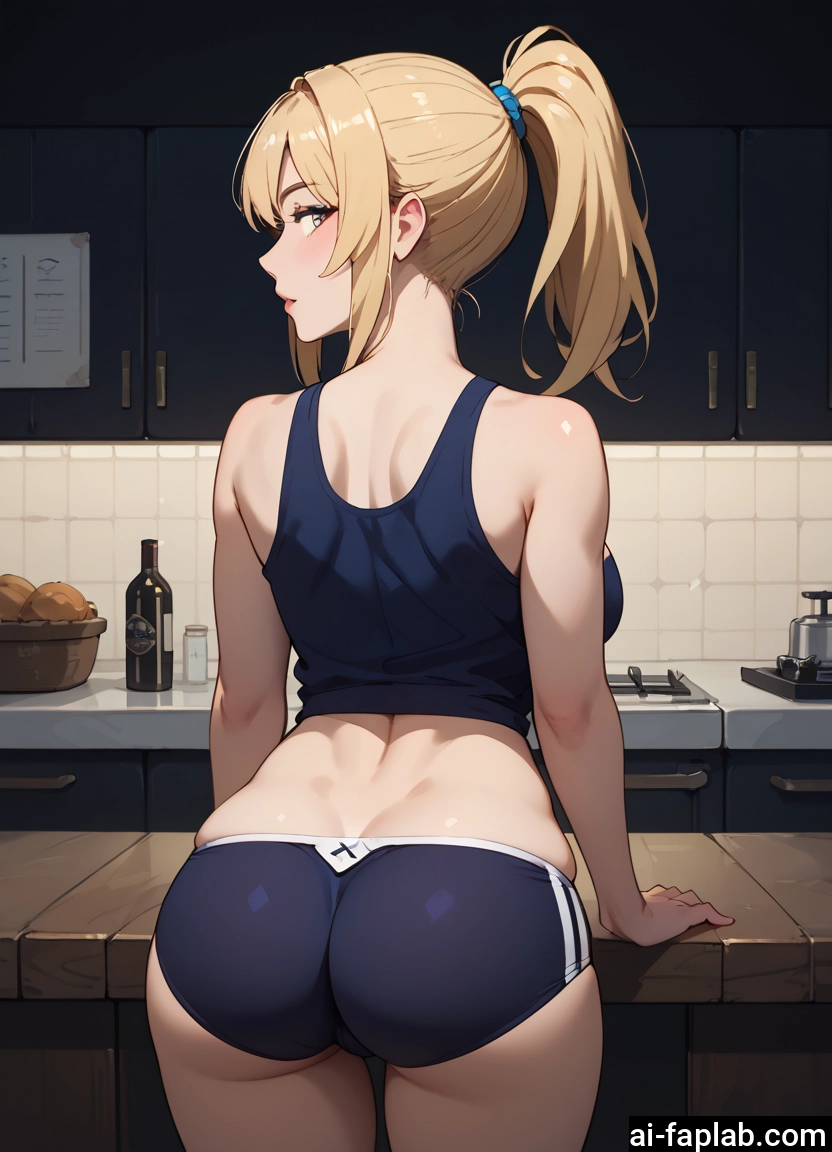 1girl, ass, blonde hair, breasts, solo, ponytail