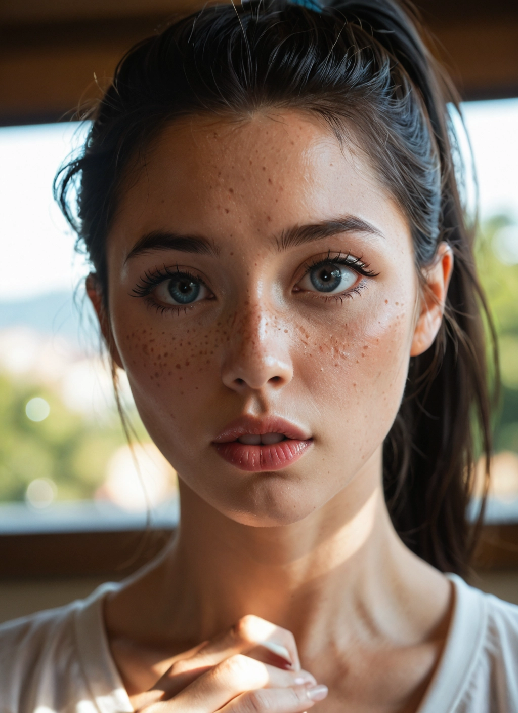 1girl, solo, freckles, looking at viewer, realistic, parted lips · Yamete.gg