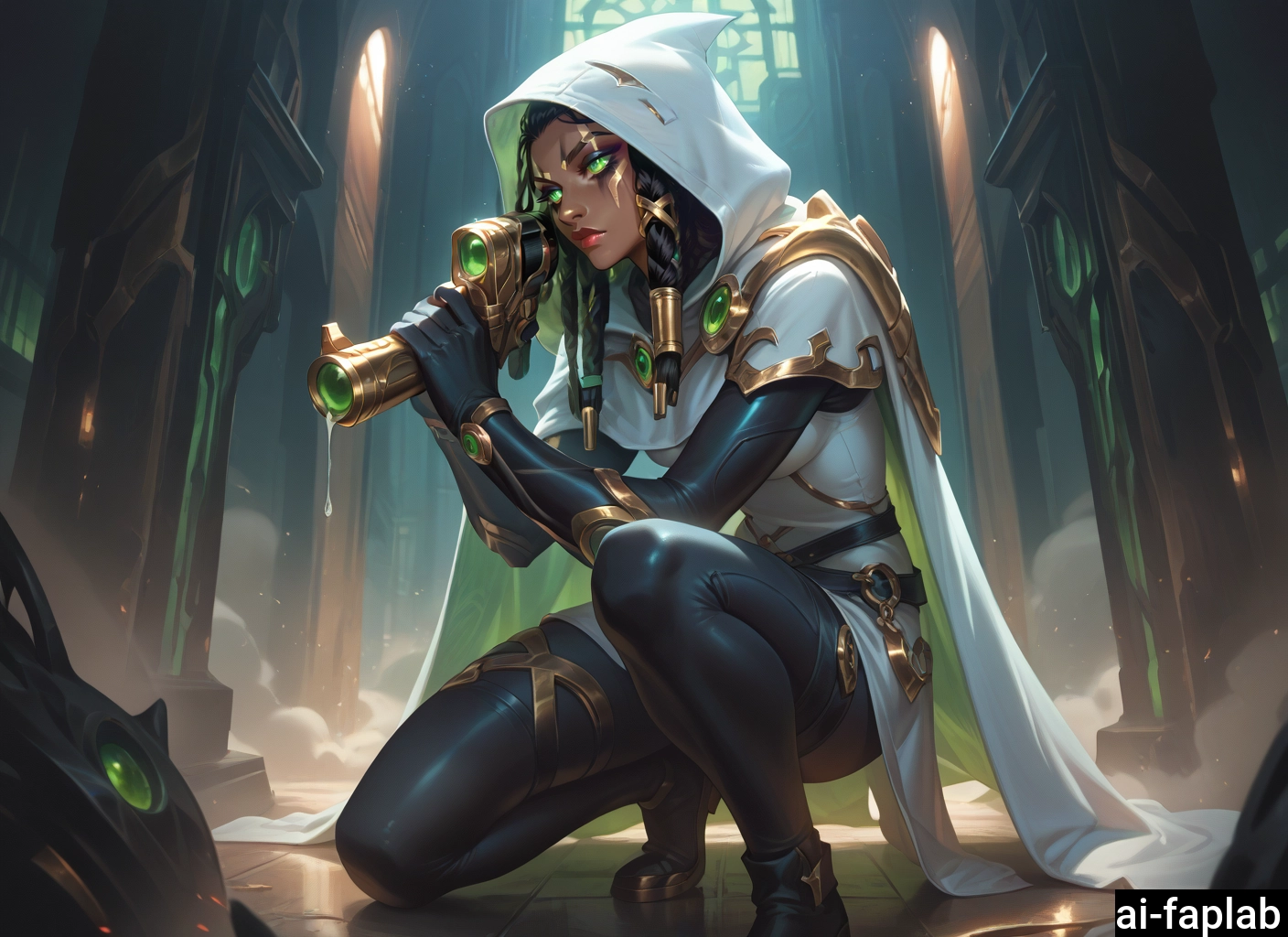 1girl, dark-skinned female, green eyes, dark skin, hood, hood up · Yamete.gg