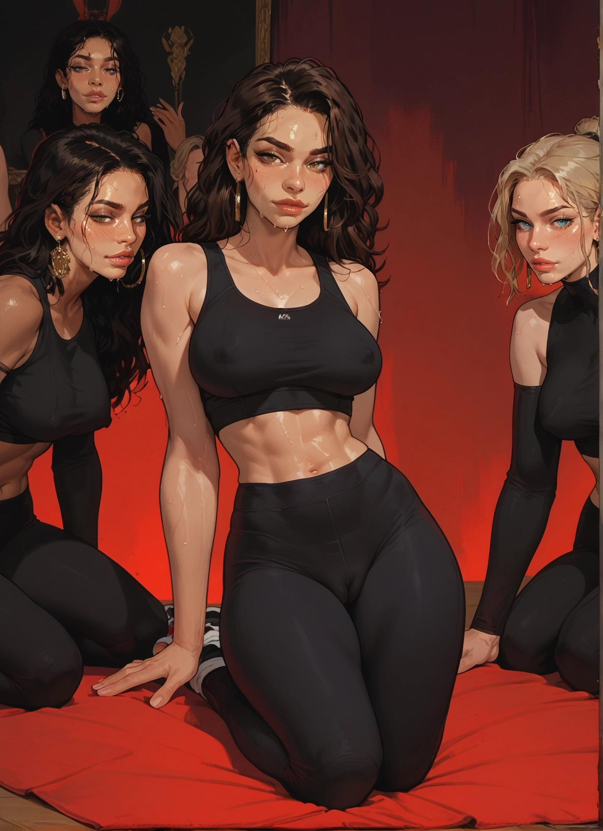 breasts, jewelry, multiple girls, earrings, 3girls, sweat · Yamete.gg