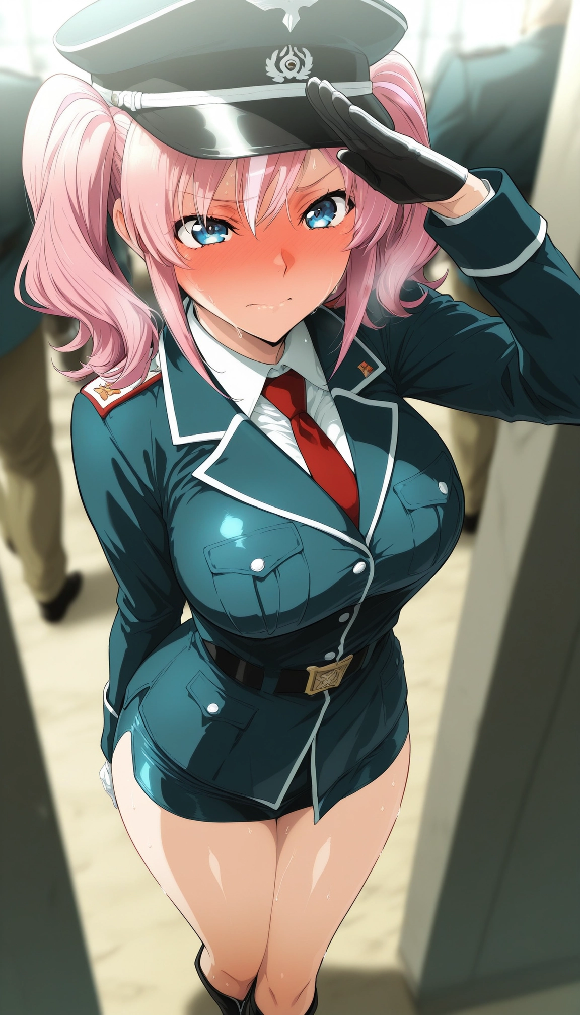 1girl, gloves, breasts, hat, twintails, salute · Yamete.gg