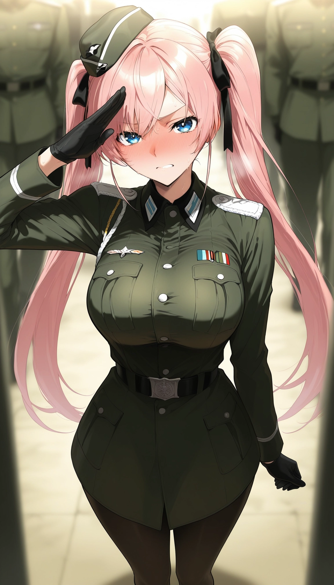 1girl, salute, blue eyes, twintails, uniform, breasts · Yamete.gg