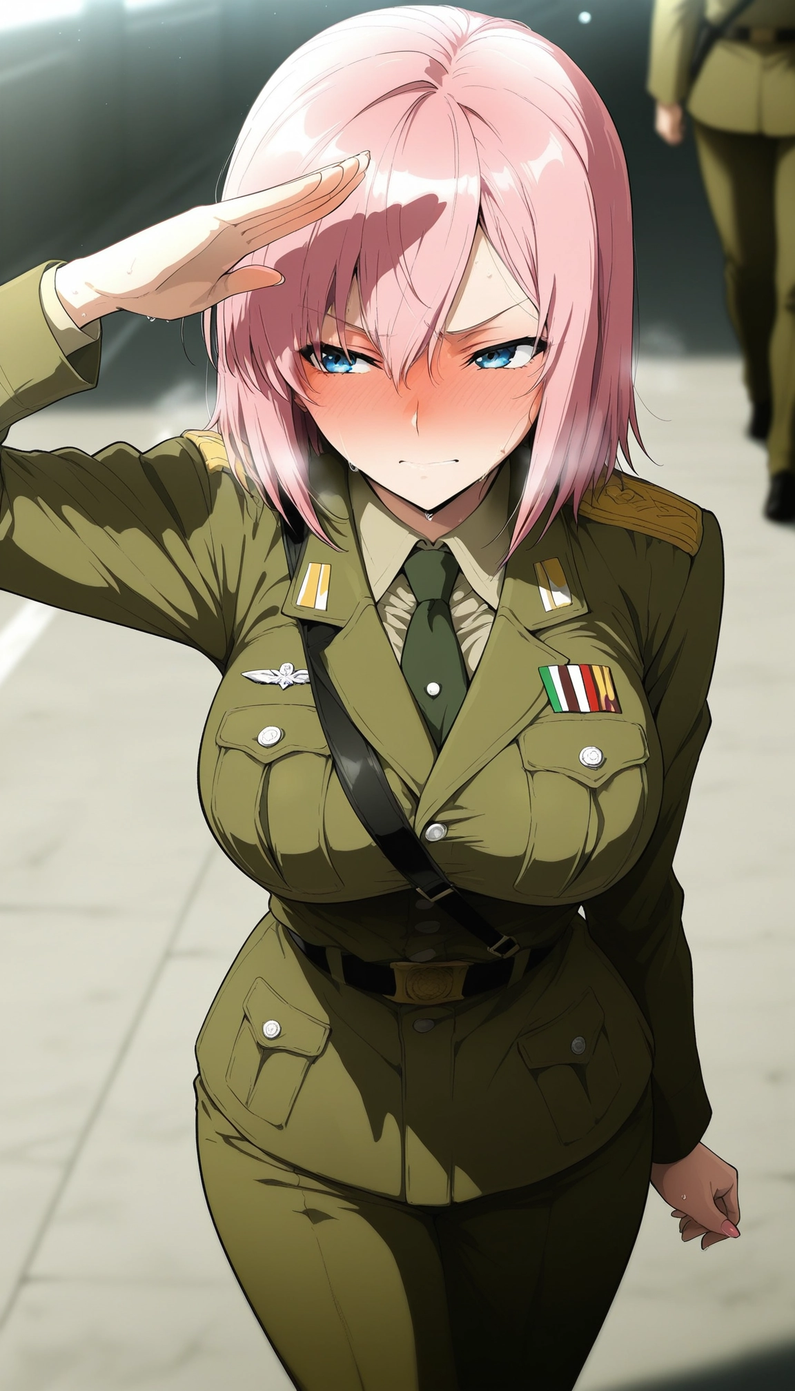 pink hair, breasts, uniform, military uniform, military, blush · Yamete.gg