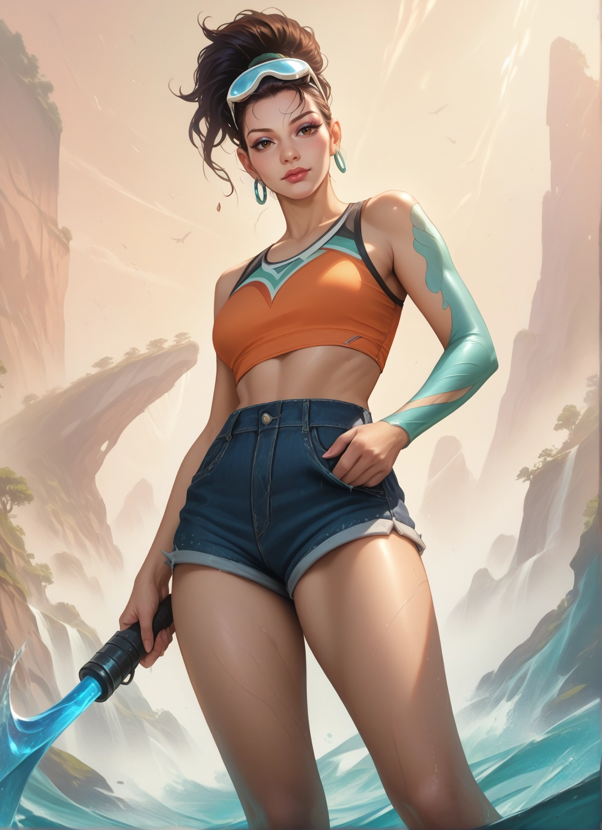 1girl, solo, shorts, jewelry, earrings, goggles · Yamete.gg