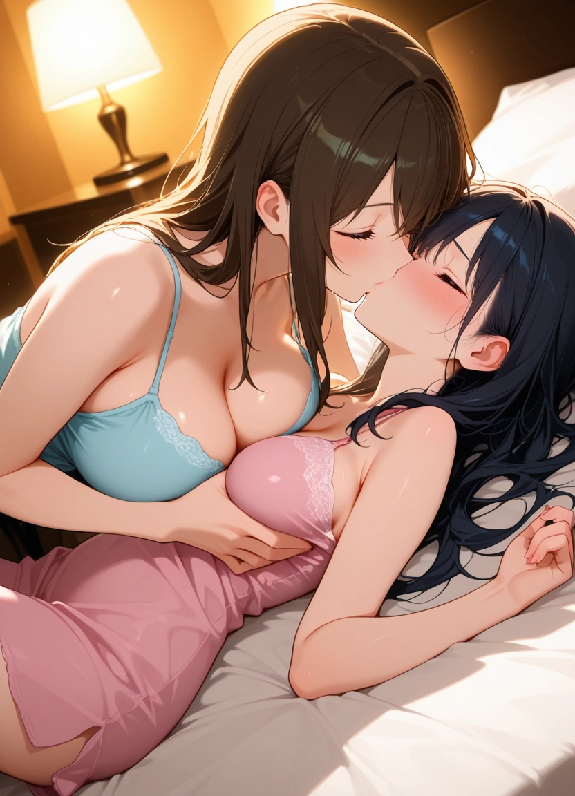 breasts, multiple girls, 2girls, yuri, kiss, closed eyes · Yamete.gg