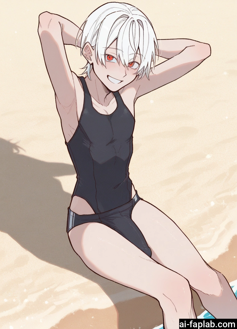1boy, male focus, smile, swimsuit, red eyes, solo
