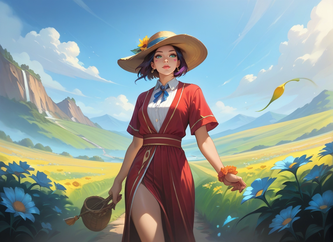 1girl, outdoors, flower, hat, solo, sky · Yamete.gg