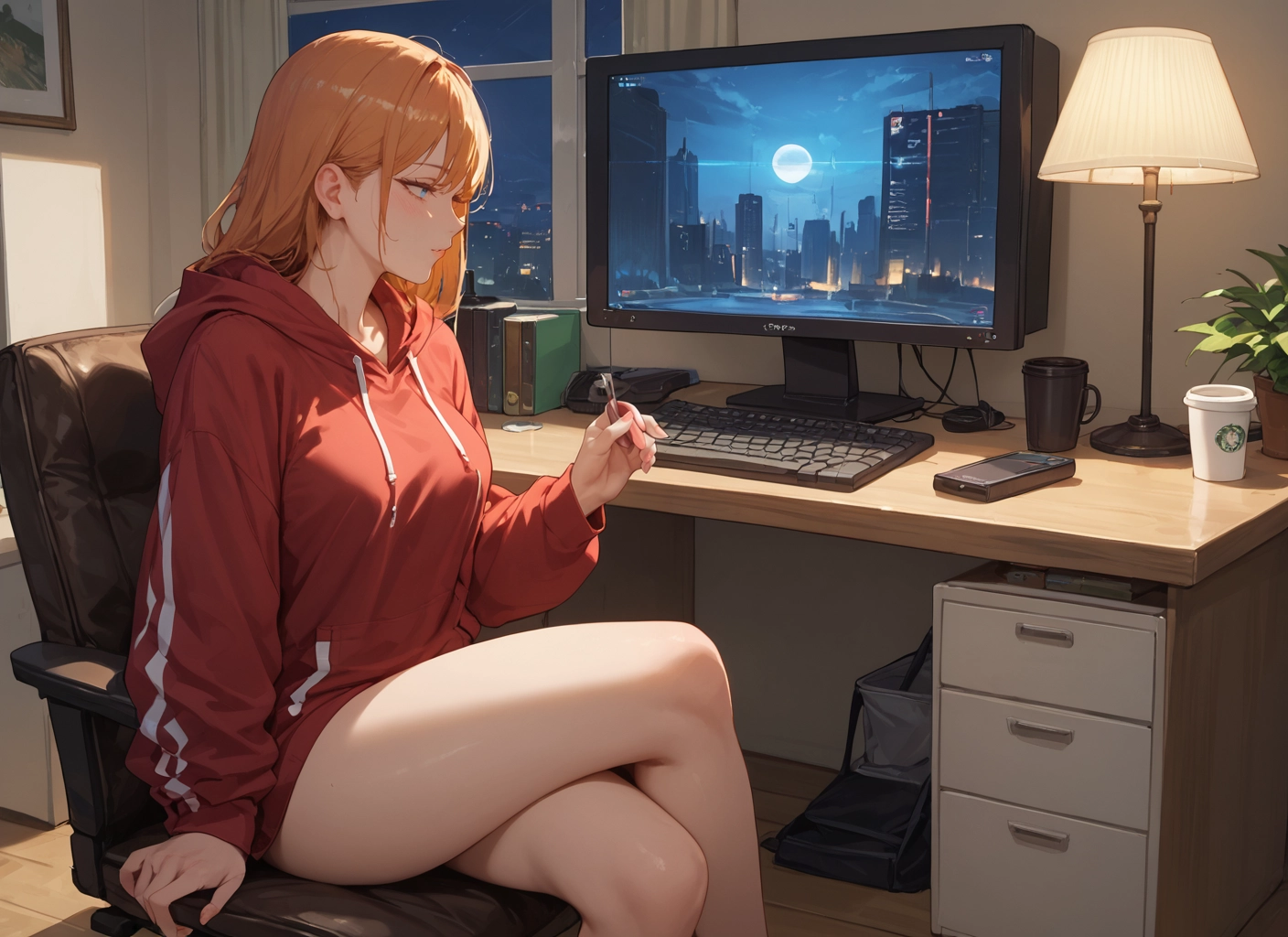 1girl, sitting, blue eyes, cup, hood, crossed legs · Yamete.gg