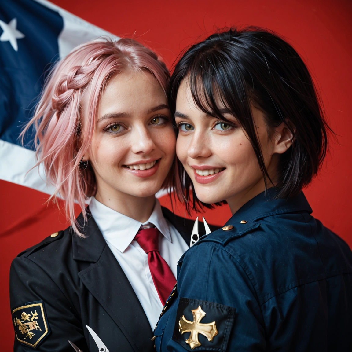 multiple girls, 2girls, necktie, pink hair, black hair, smile · Yamete.gg
