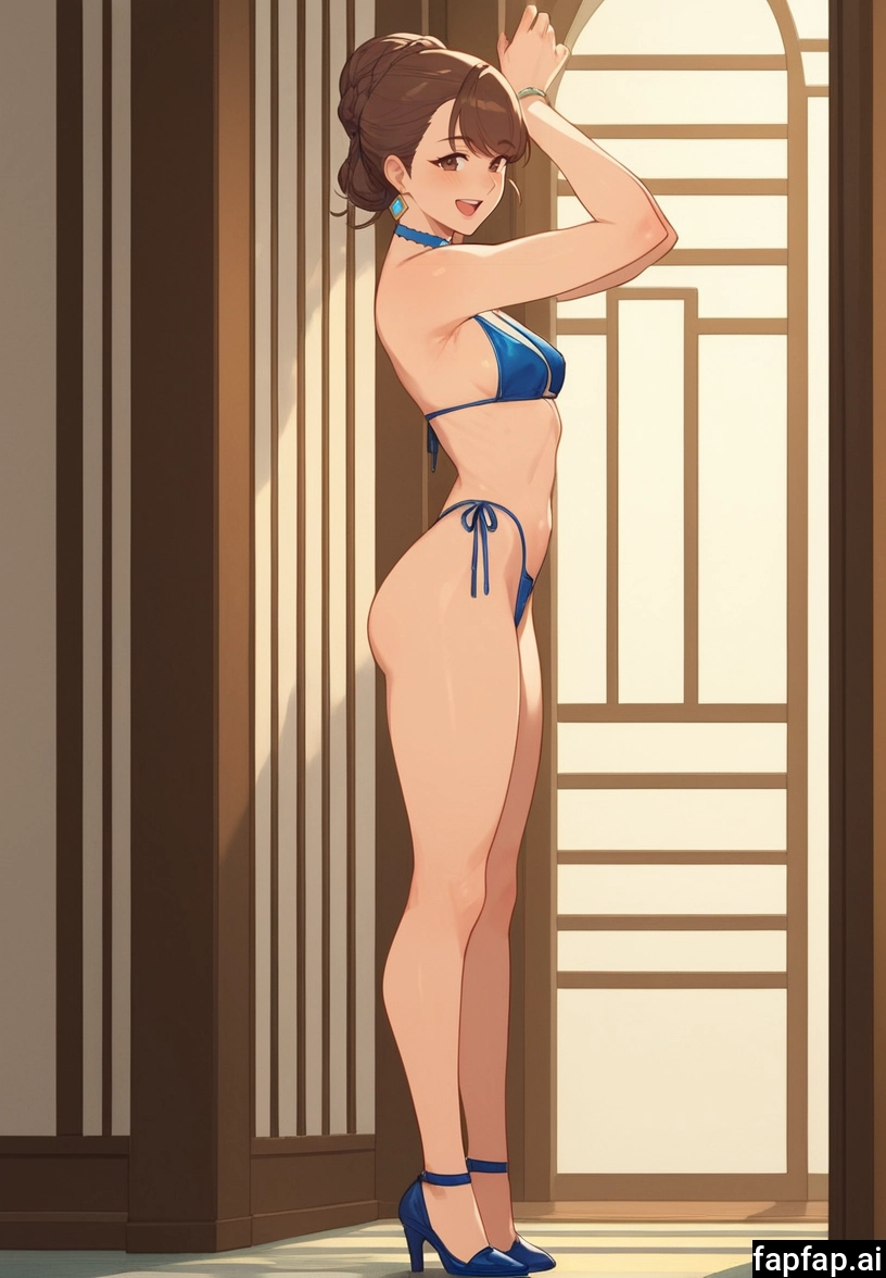 1girl, solo, high heels, brown hair, blue bikini, swimsuit · Yamete.gg