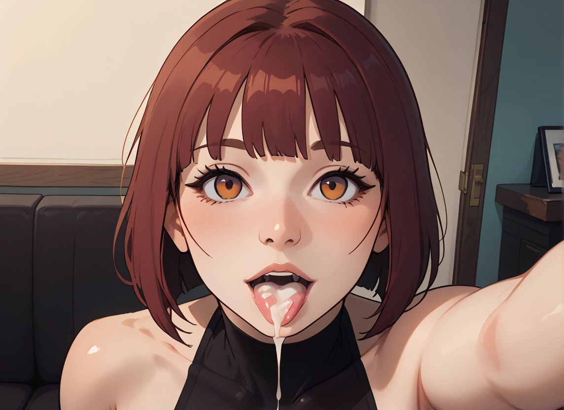 1girl, cum, cum in mouth, brown hair, solo, looking at viewer · Yamete.gg