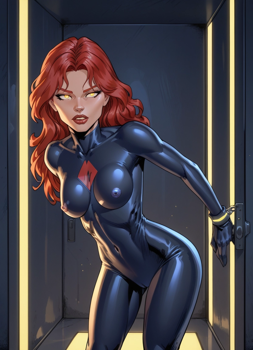 1girl, solo, breasts, red hair, covered nipples, bodysuit · Yamete.gg