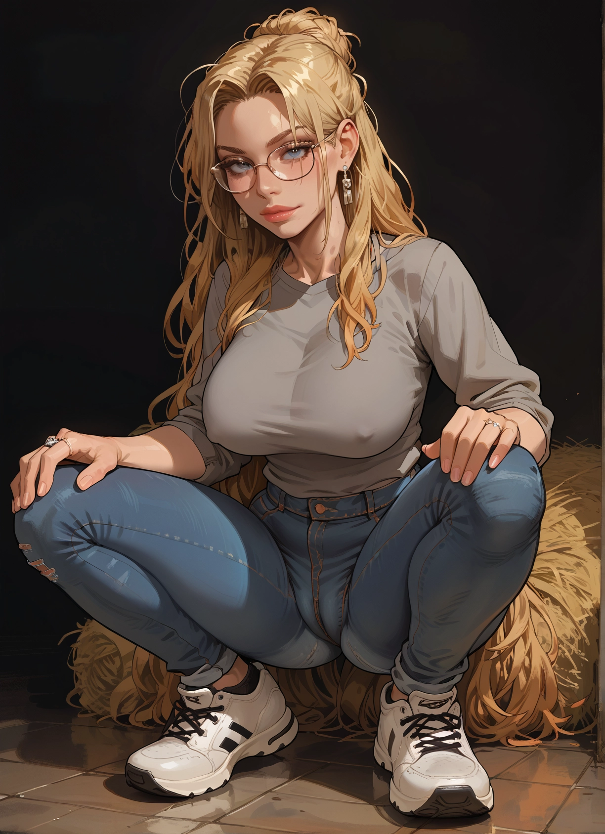 1girl, breasts, long hair, blonde hair, jewelry, pants · Yamete.gg
