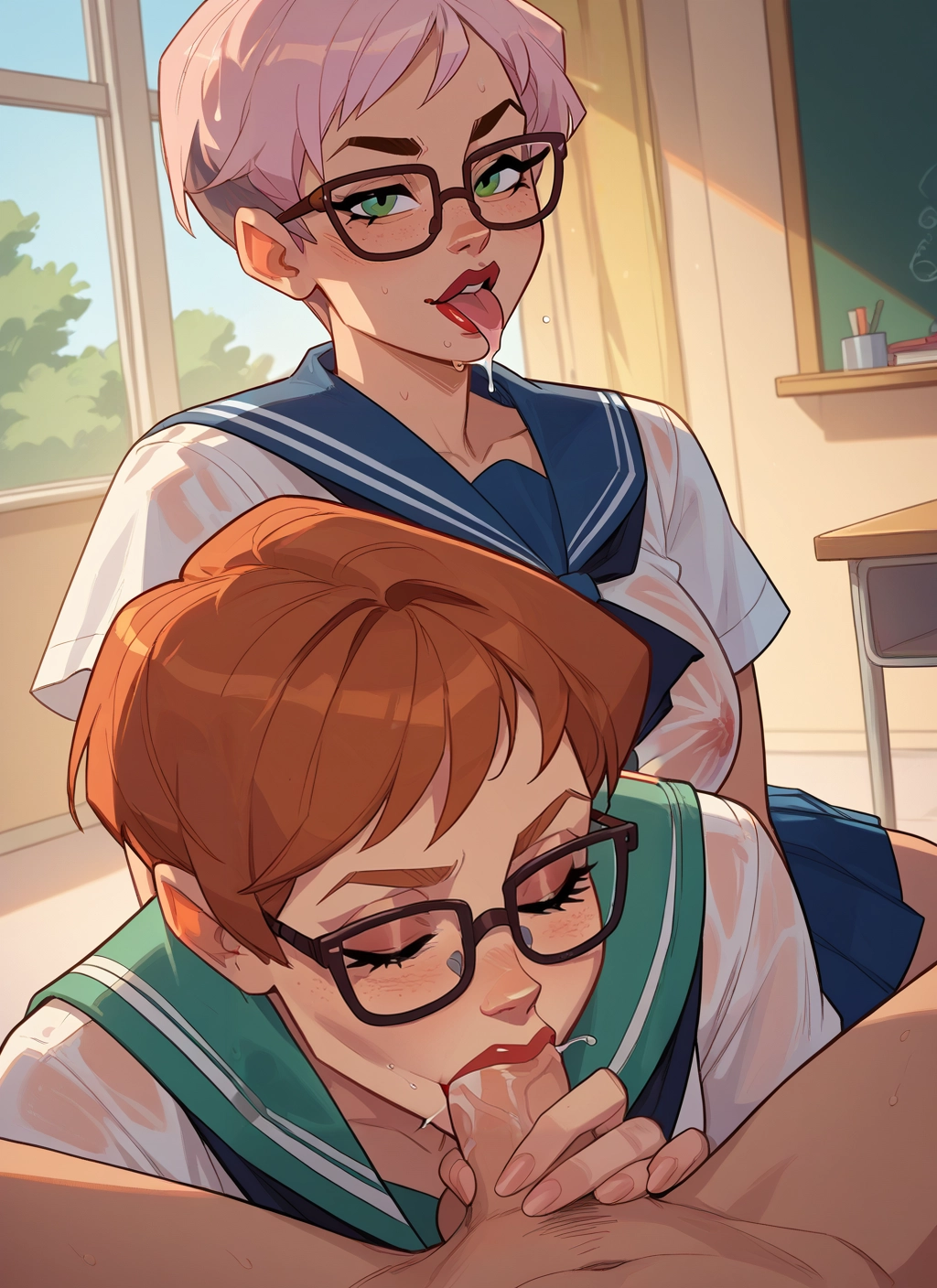 penis, oral, glasses, fellatio, hetero, 2girls · Yamete.gg