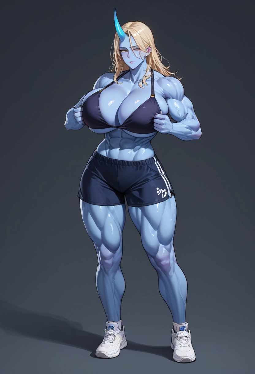 1girl, breasts, muscular, horns, colored skin, muscular female
