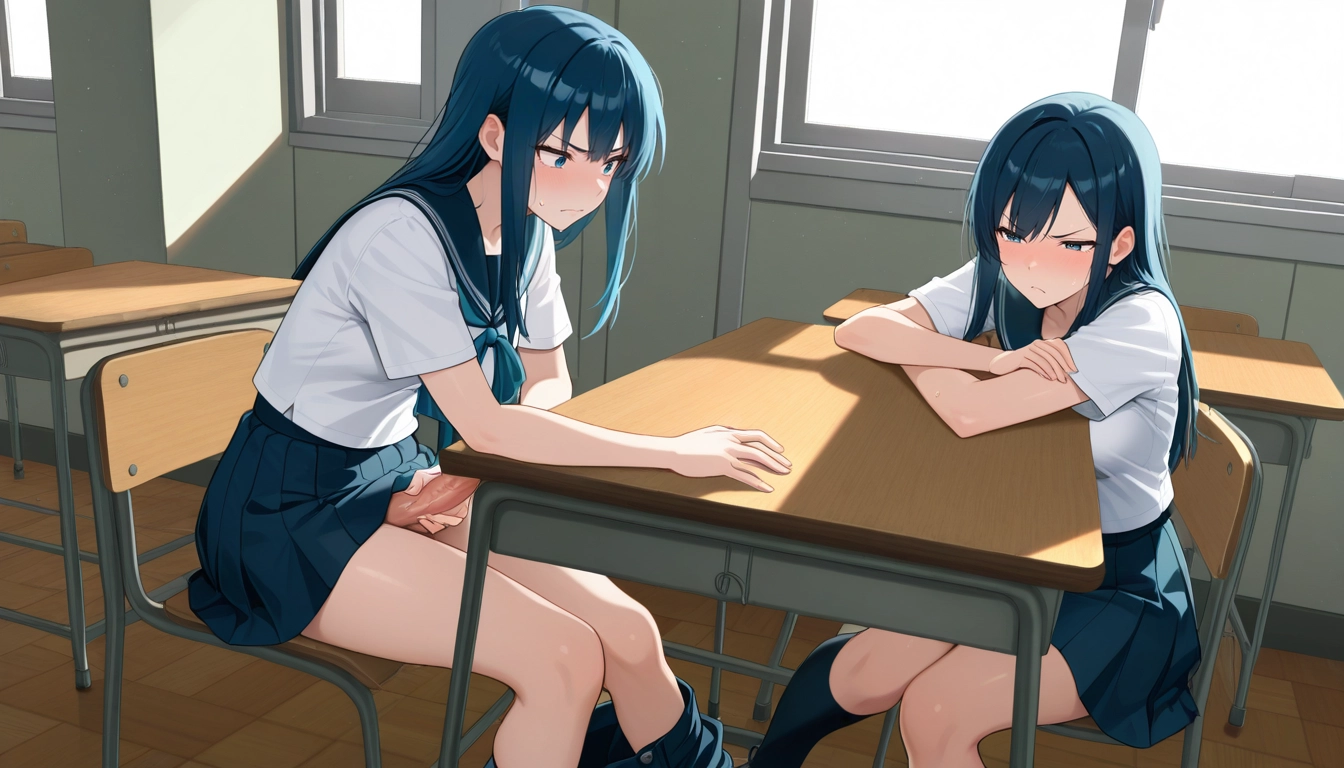 futanari, sitting, school uniform, skirt, penis, multiple girls · Yamete.gg