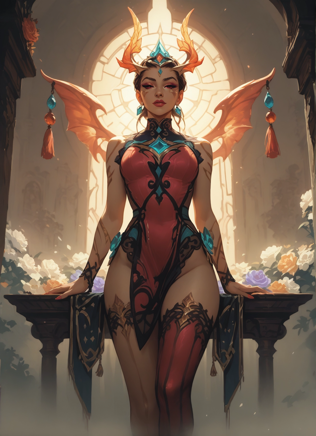1girl, solo, wings, thighhighs, breasts, jewelry