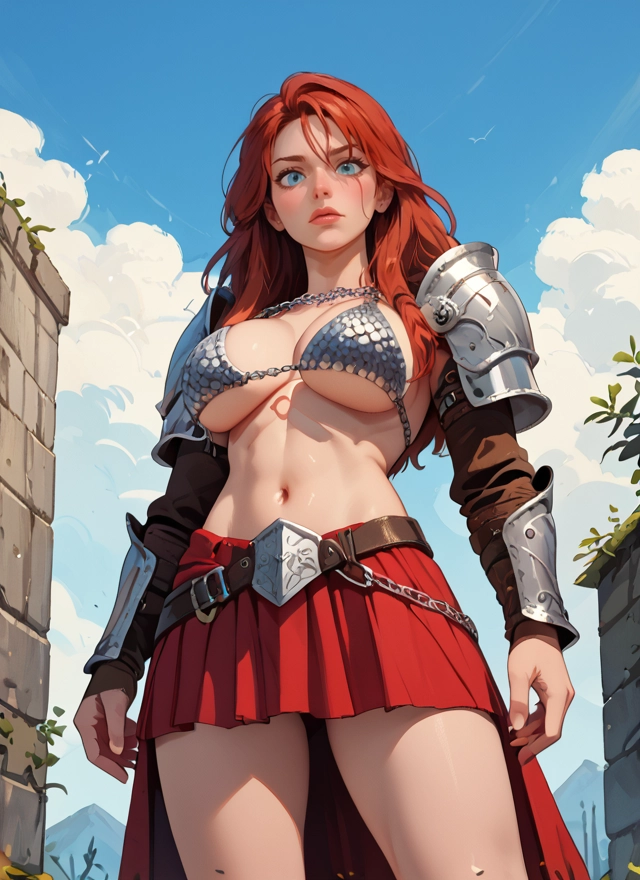 1girl, breasts, skirt, armor, solo, navel · Yamete.gg