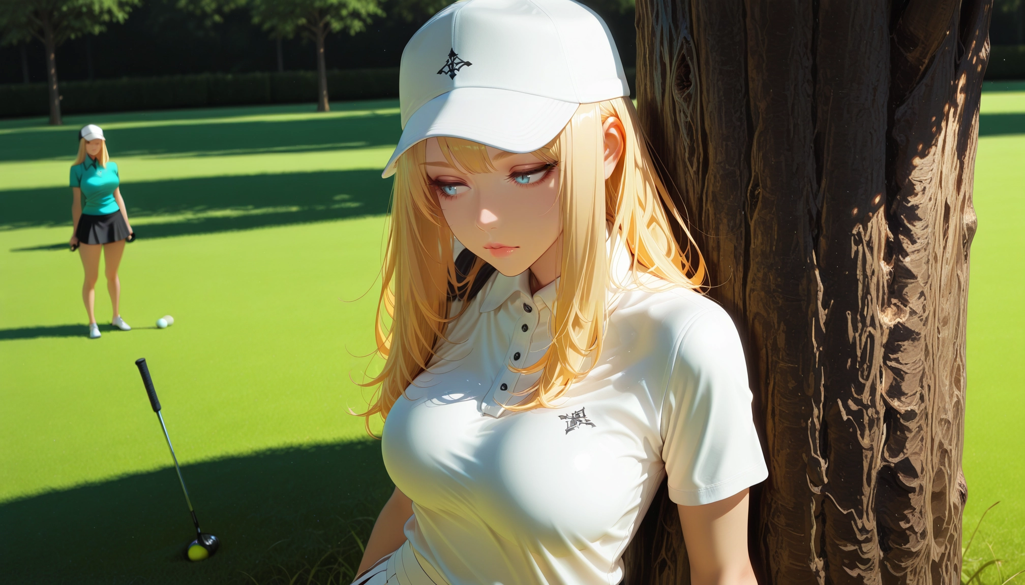 sportswear, blonde hair, tree, multiple girls, hat, 2girls · Yamete.gg