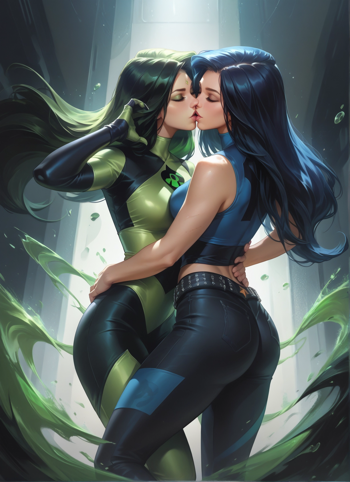 multiple girls, 2girls, yuri, kiss, ass, closed eyes · Yamete.gg