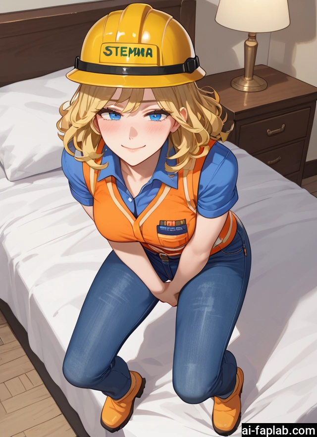 1girl, blonde hair, blue eyes, pants, solo, smile · Yamete.gg