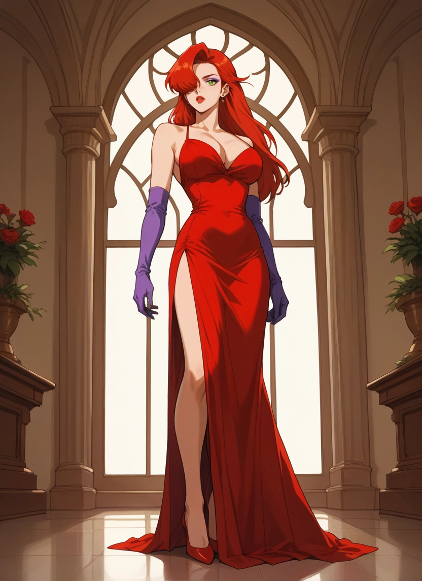 1girl, dress, breasts, gloves, green eyes, red dress · Yamete.gg