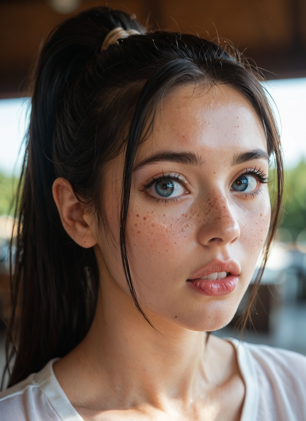 1girl, solo, freckles, ponytail, realistic, looking at viewer · Yamete.gg