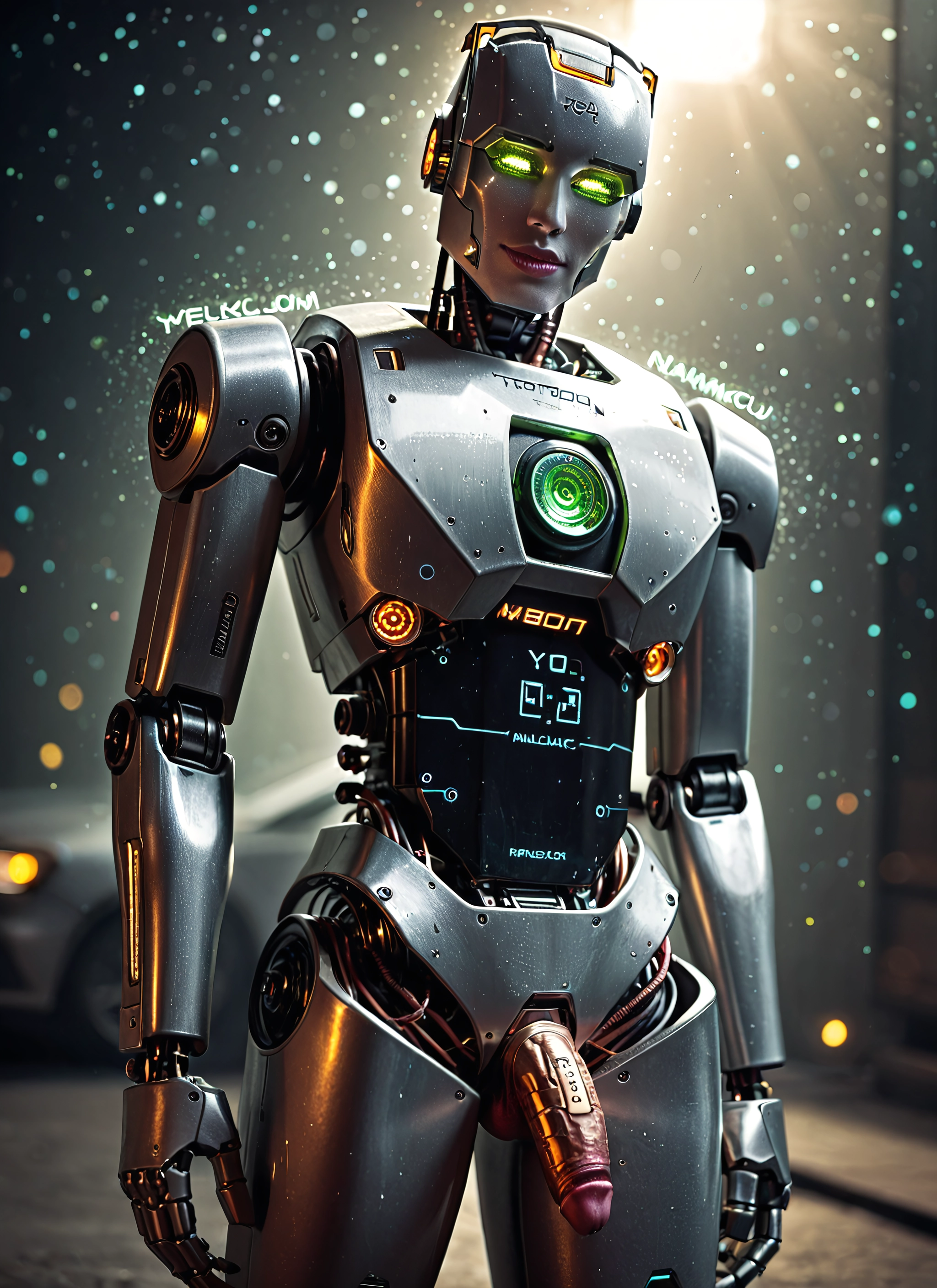 futanari, penis, solo, green eyes, glowing, humanoid robot · Yamete.gg