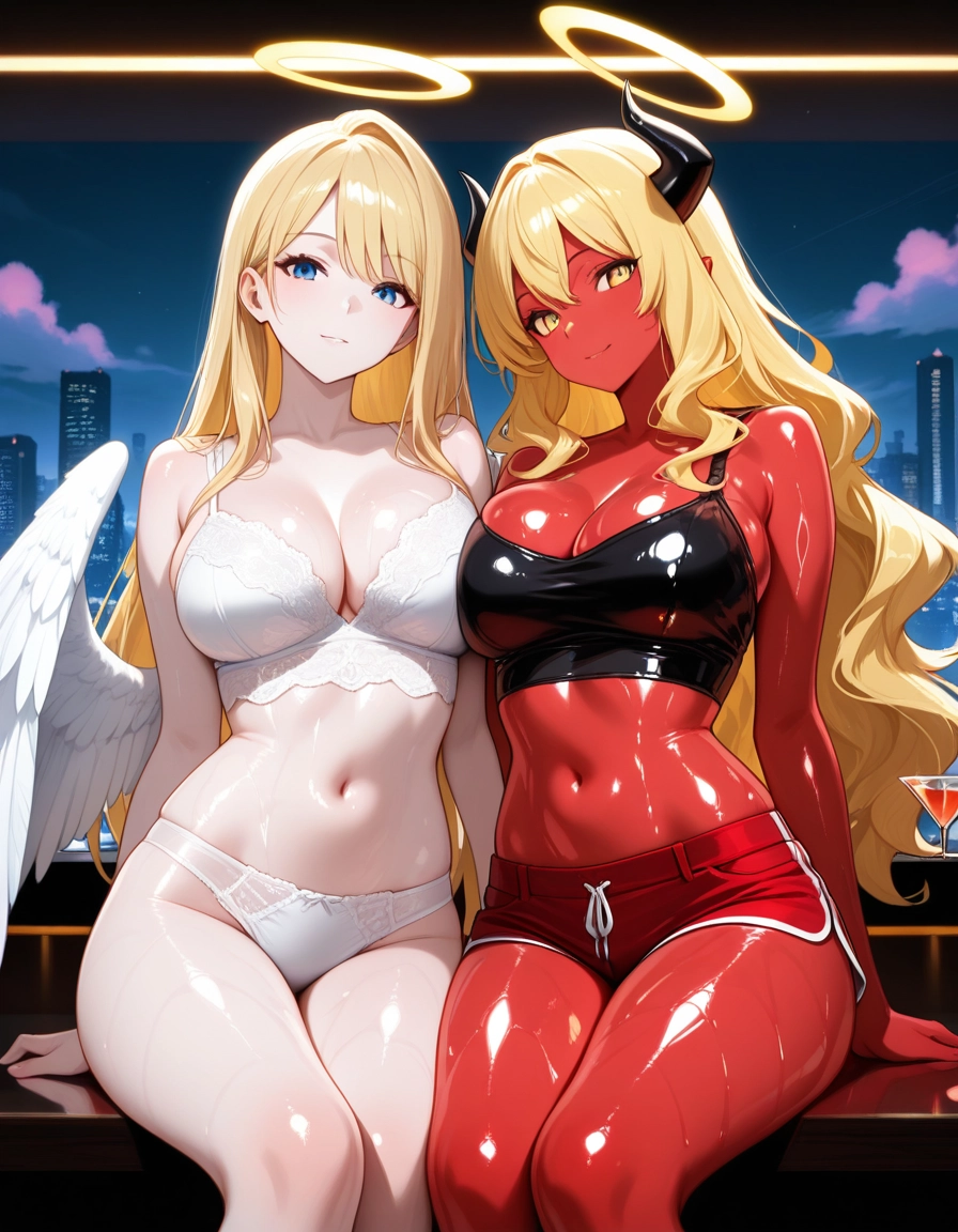 breasts, multiple girls, 2girls, blonde hair, horns, halo · Yamete.gg
