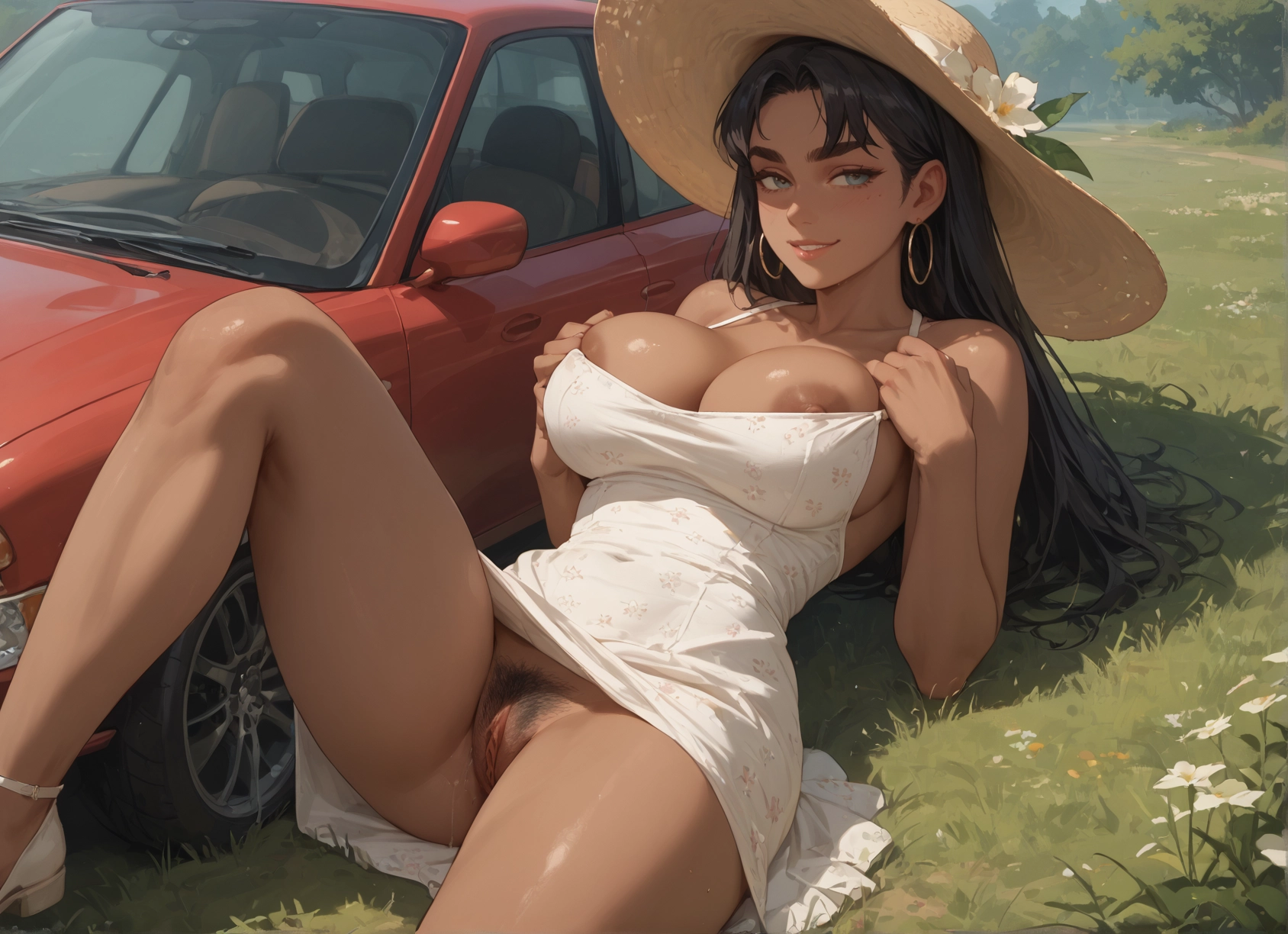 1girl, breasts, pubic hair, hat, female pubic hair, dress · Yamete.gg