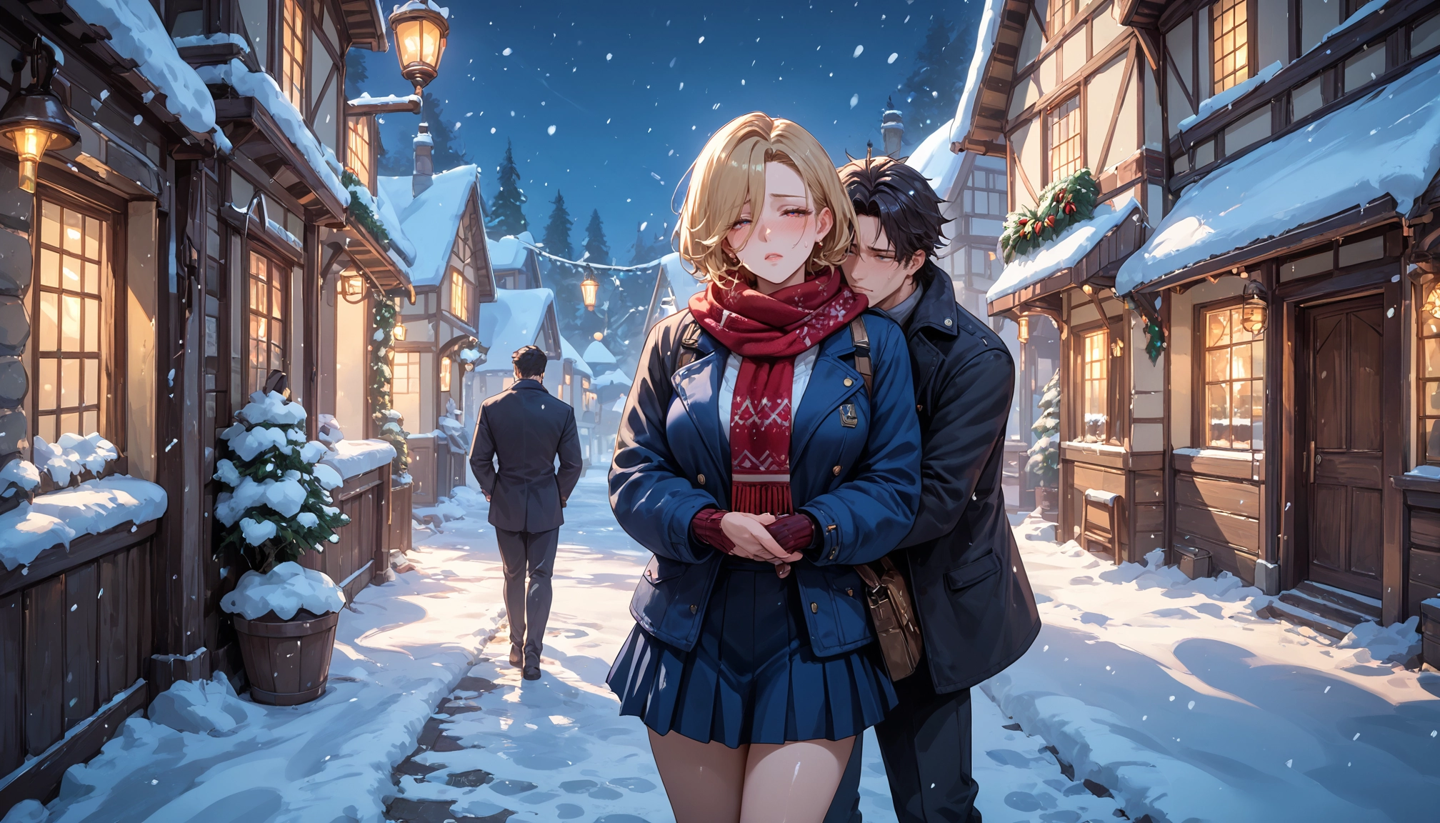 1girl, scarf, 1boy, skirt, snow, blush · Yamete.gg