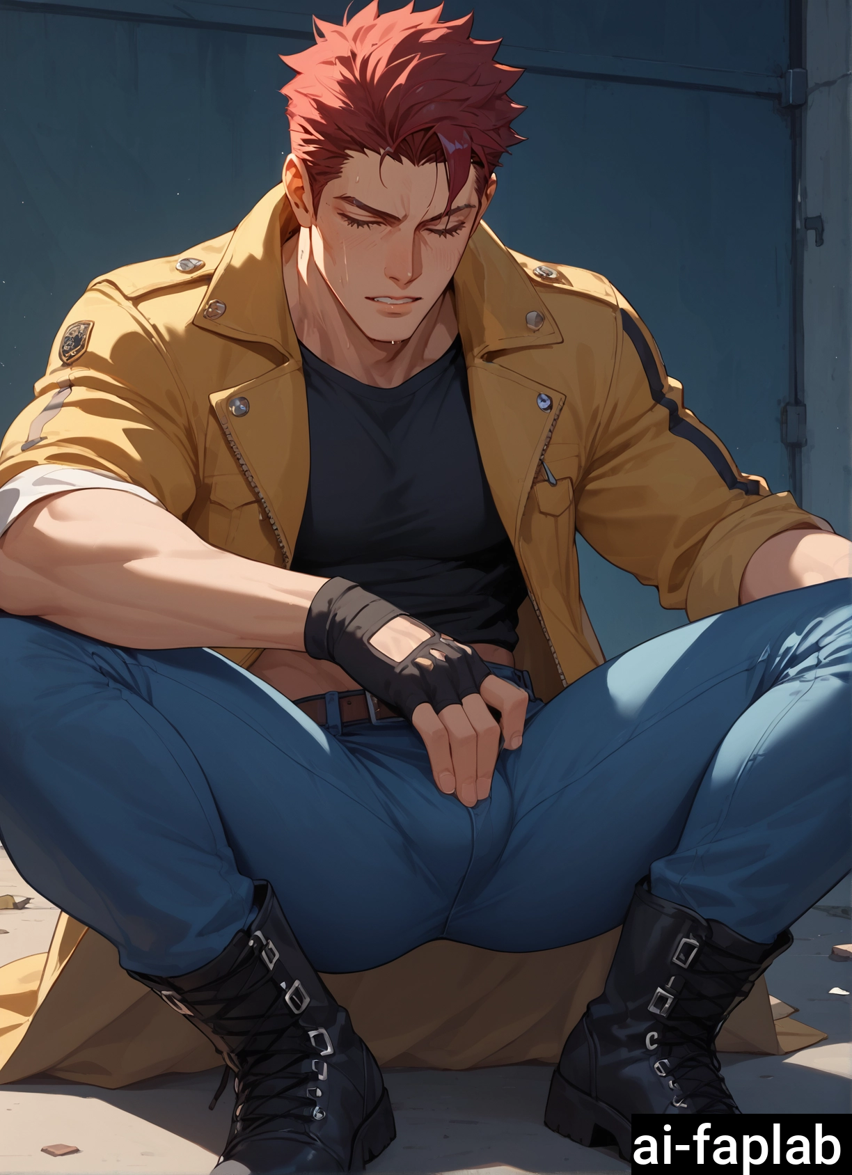 solo, male focus, 1boy, bulge, bara, red hair