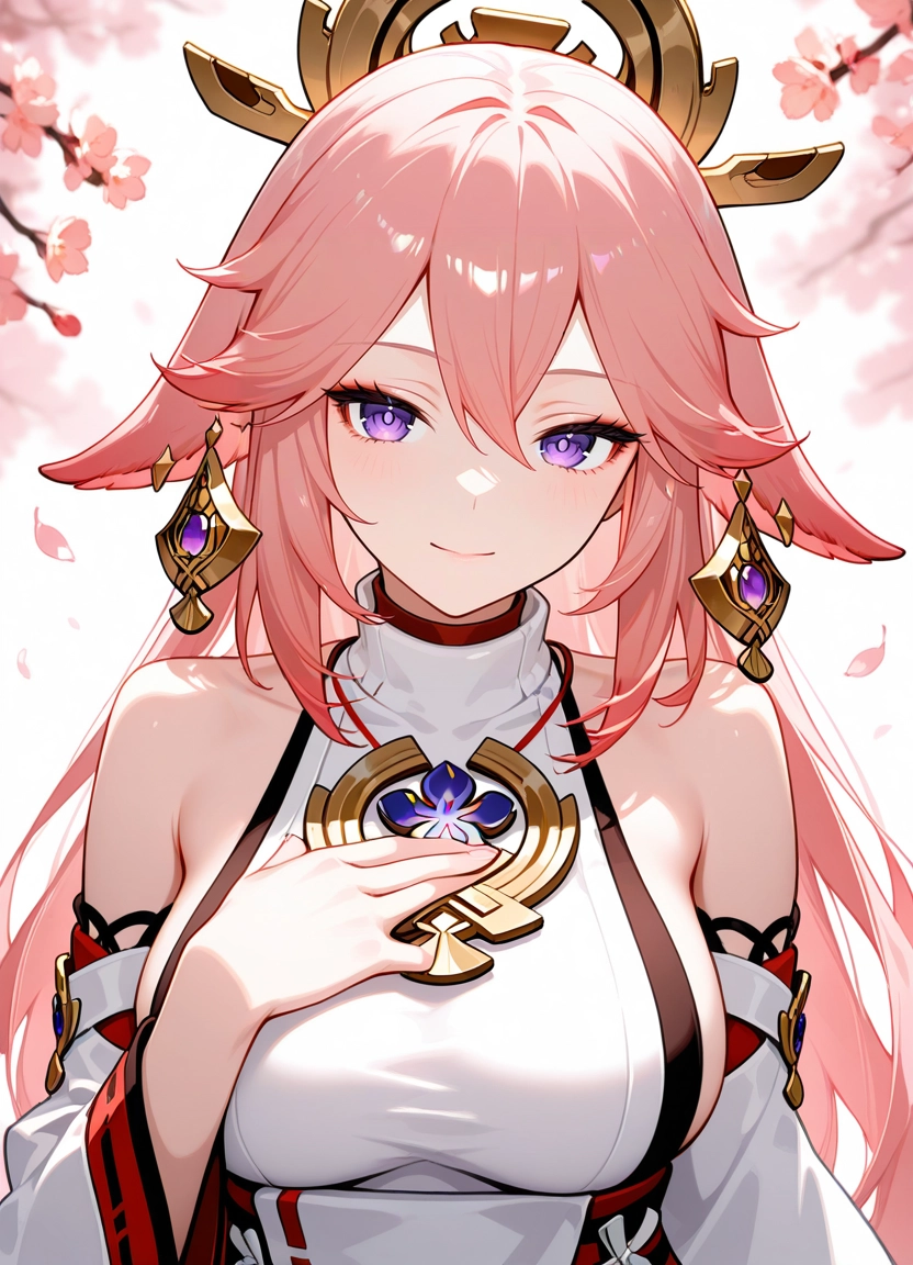 1girl, yae miko, solo, breasts, purple eyes, pink hair