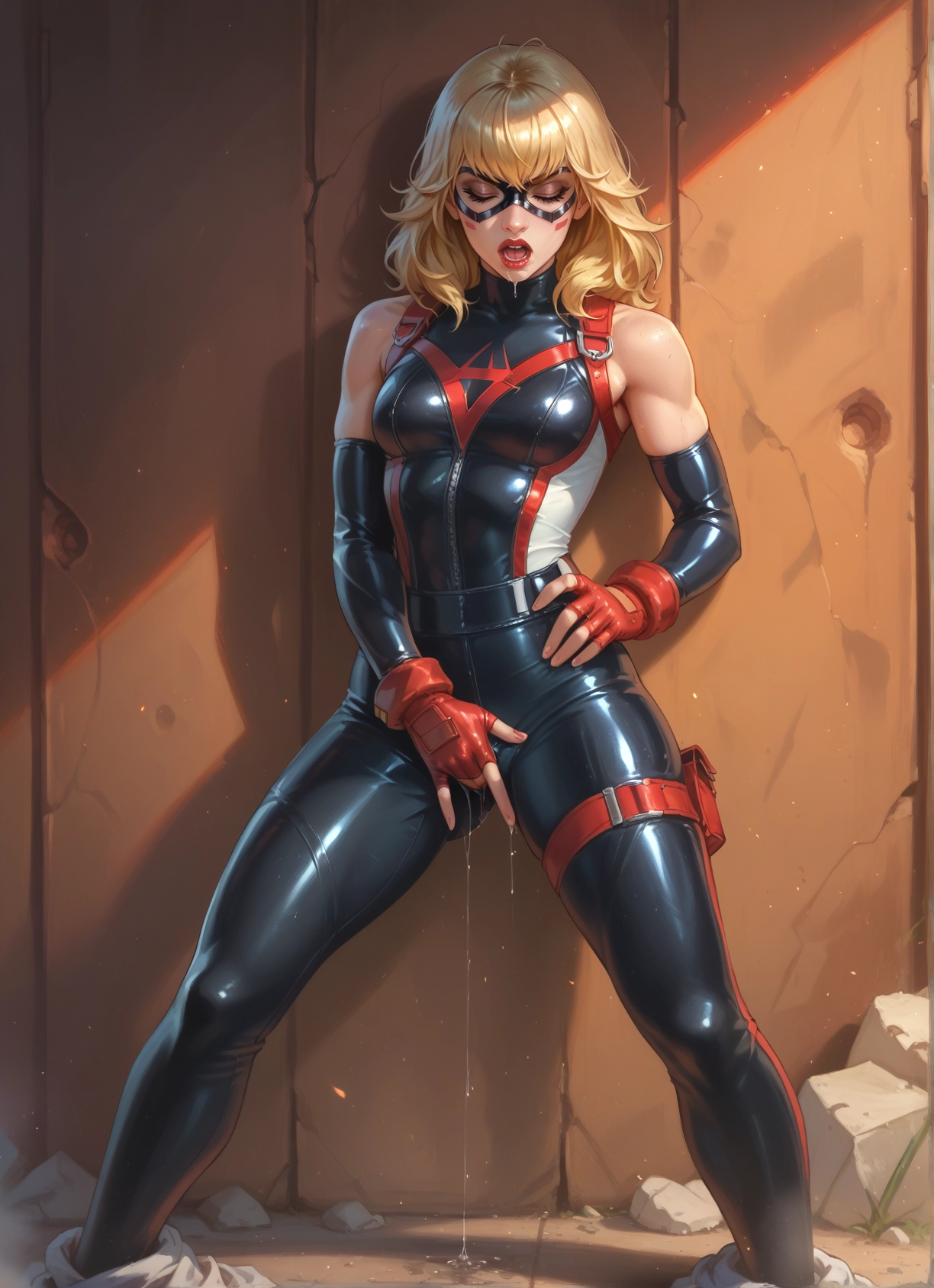 1girl, solo, gloves, blonde hair, fingerless gloves, bodysuit · Yamete.gg