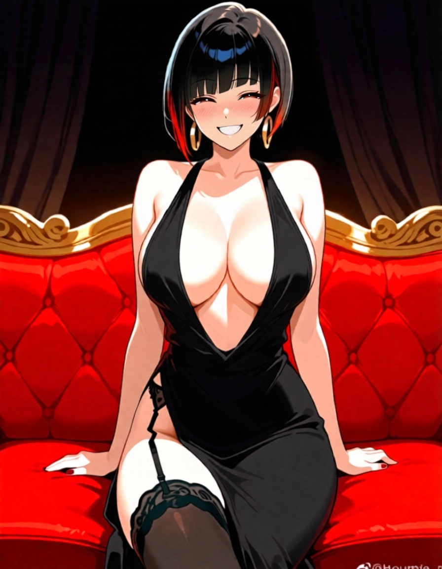1girl, breasts, black hair, solo, dress, smile · Yamete.gg
